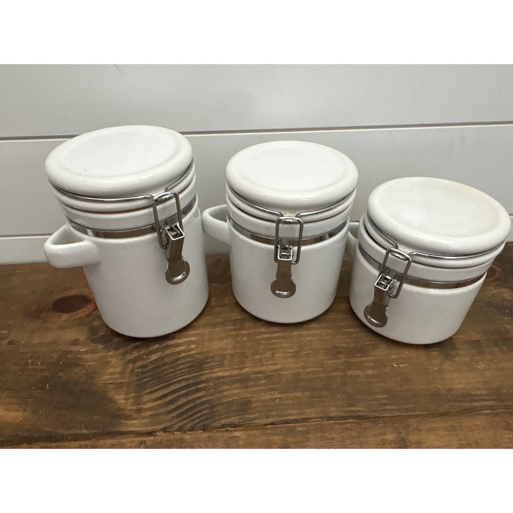 White Ceramic Kitchen Canister Set 3 Piece Airtight Locking Lids Farmhouse Jars
